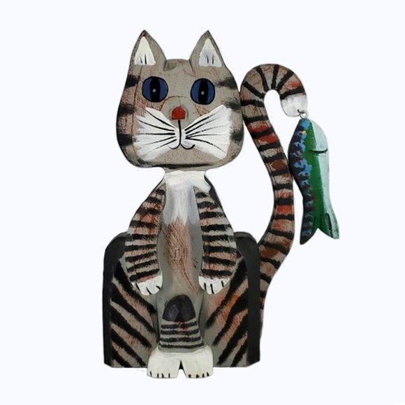 Folk Art Wooden Cat w/Fish Primitive Hand Painted Black & Gray Stripe 3D Vintage - Picture 1 of 6